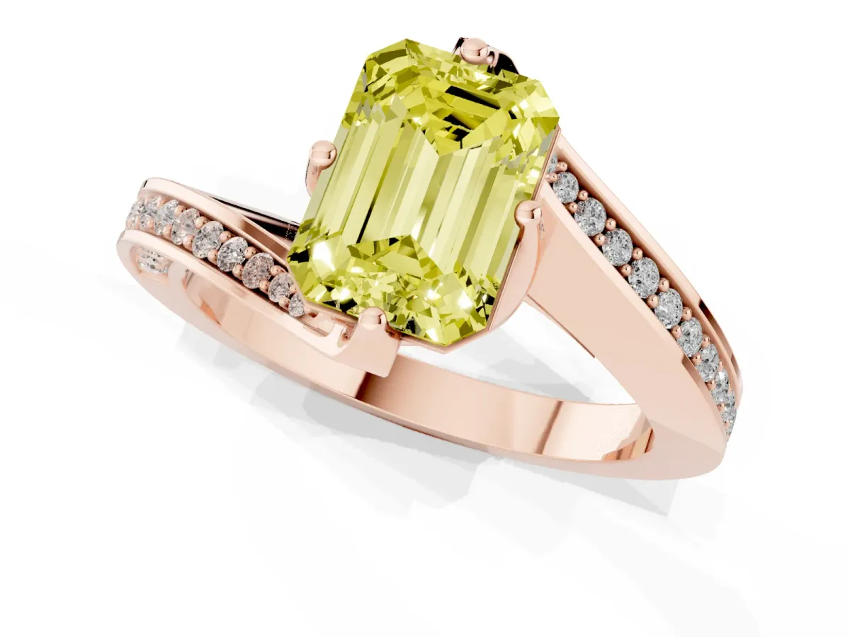 Fancy Yellow Emerald Cut Solitaire Diamond Twist Band with Pavé Setting and Four-Prong Setting Rose gold