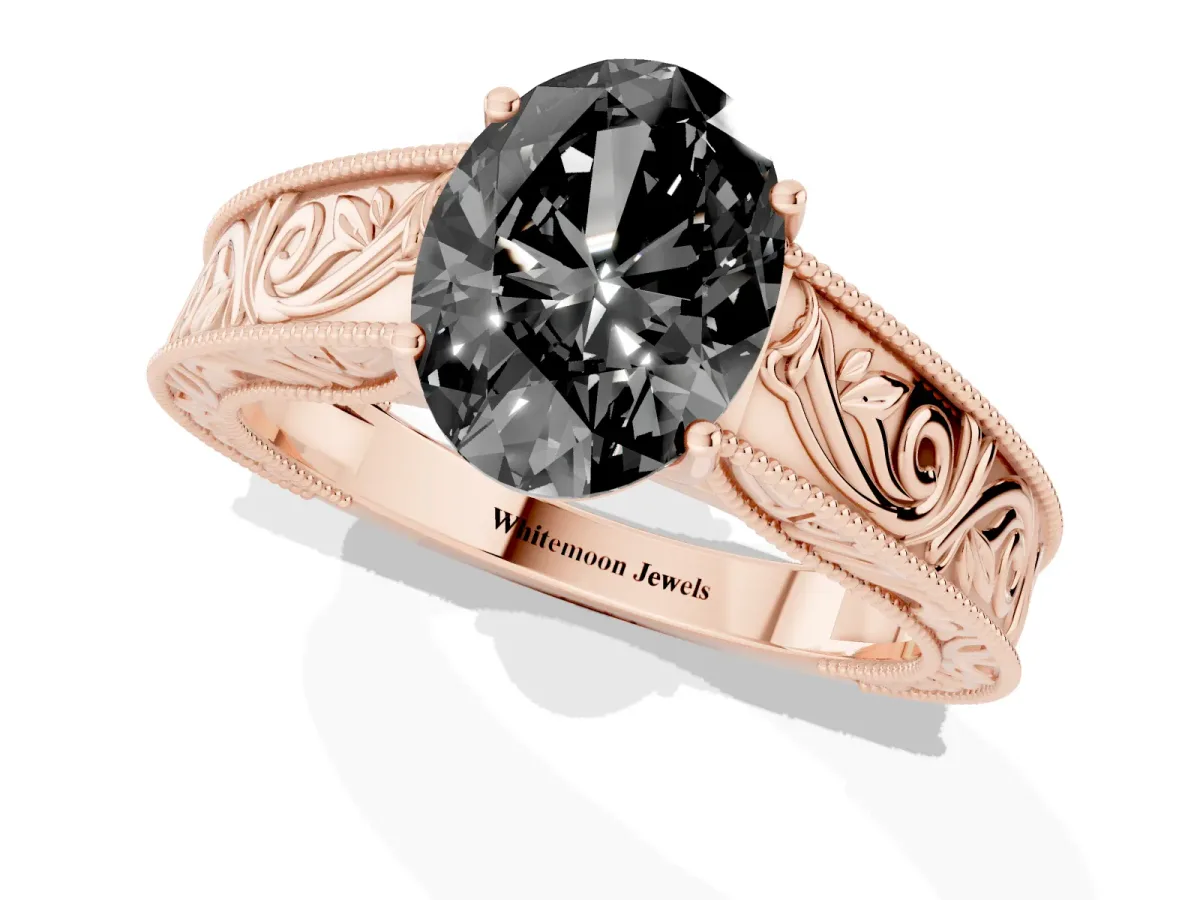 Fancy Black Oval Cut Diamond Solitaire Ring with Engraved Band and Four-Prong Setting Rose gold