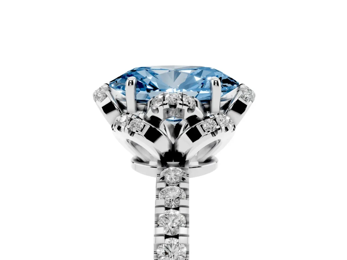 Fancy Blue Oval Cut Diamond Halo Pave Band with Four-Prong Setting Platinum