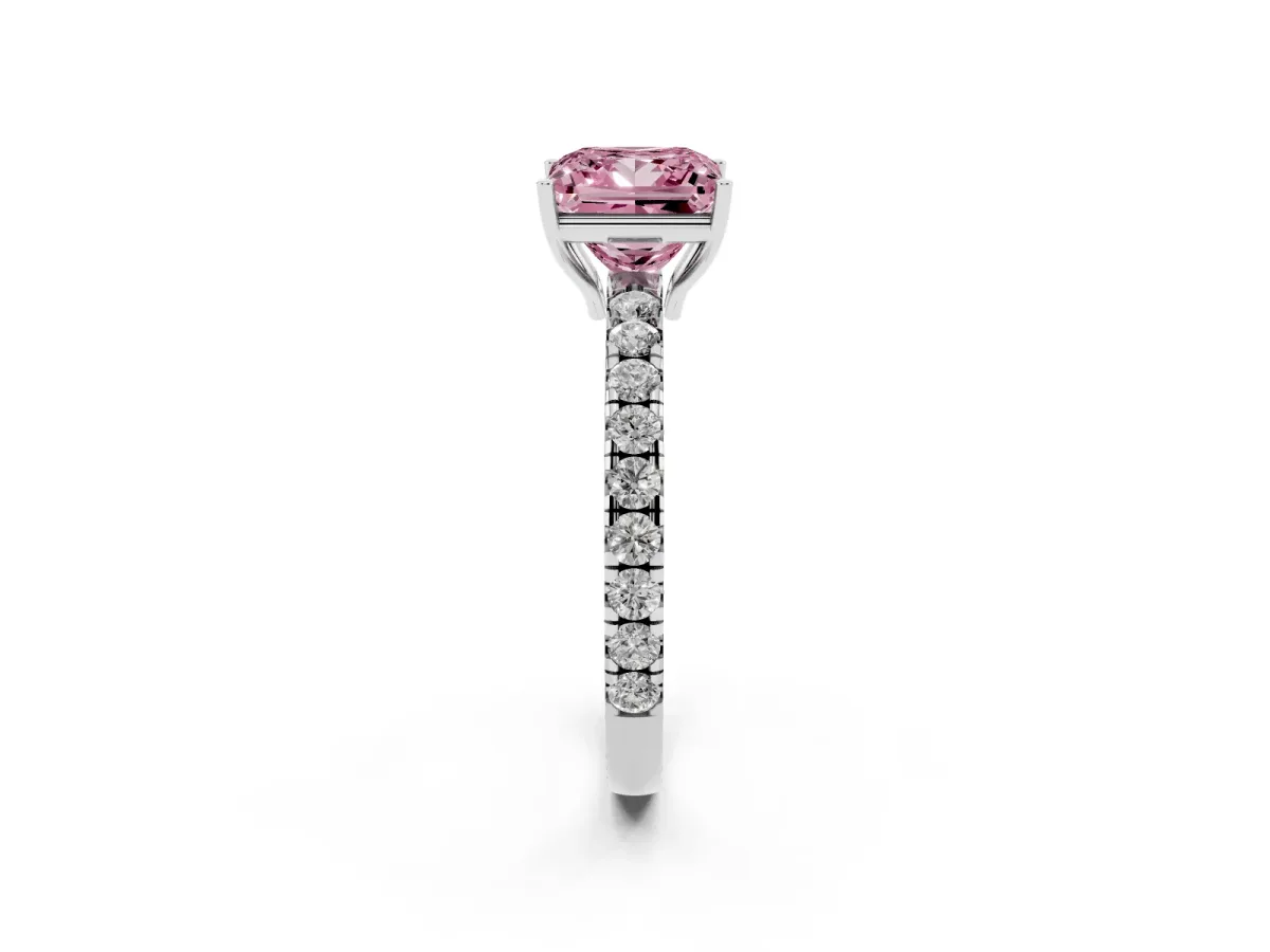 Fancy Pink Princess Cut Diamond Pavé Solitaire Engagement Ring with Four-Prong Setting Silver