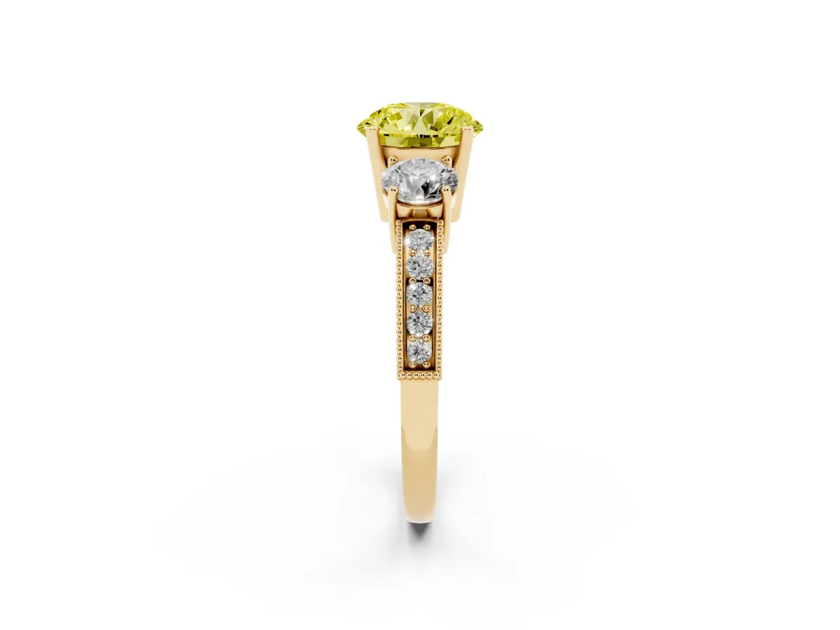 Fancy Yellow Round Cut Three-Stone Diamond Ring with Pavé Band and Four-Prong Setting Yellow gold