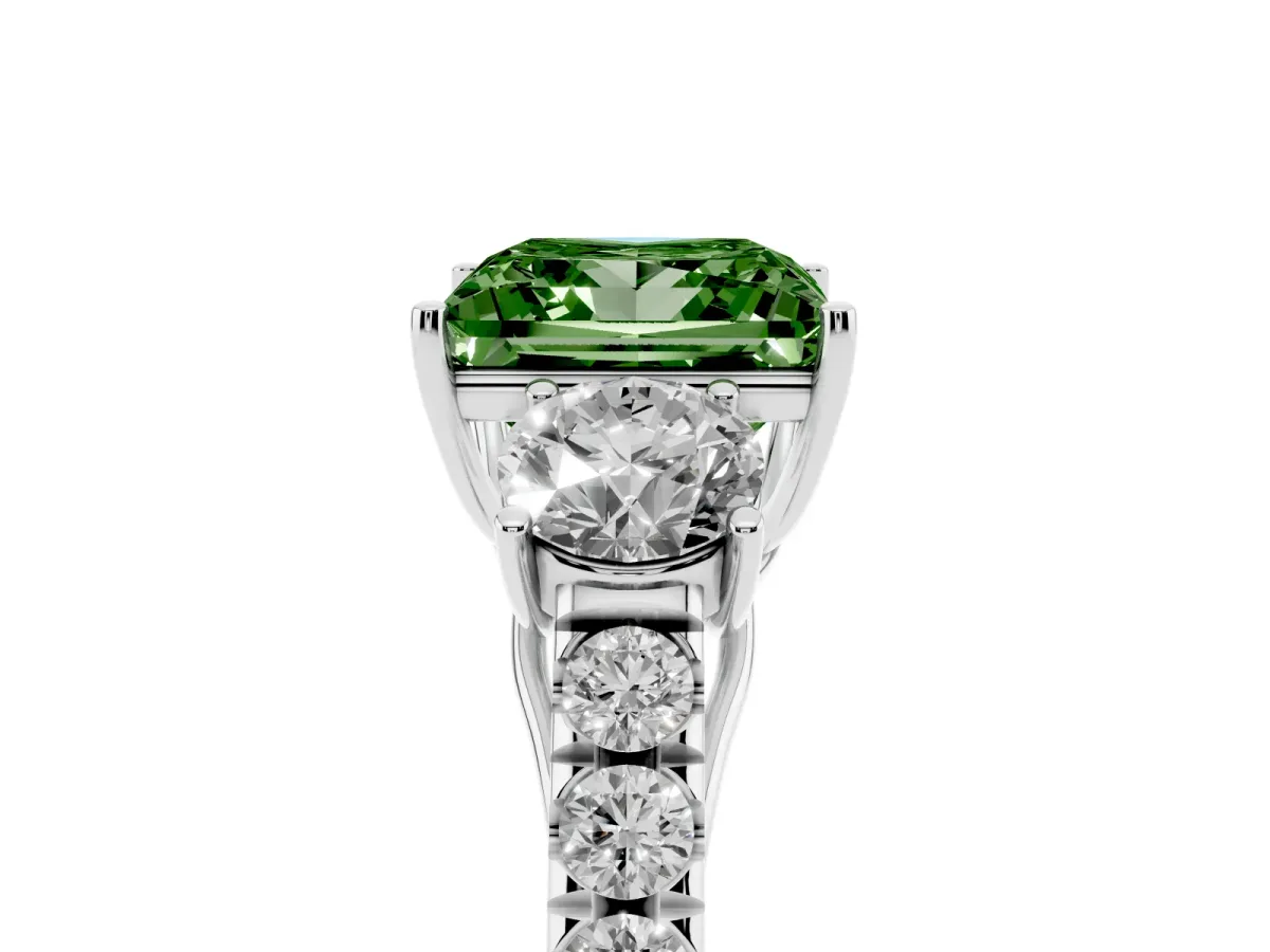 Fancy Green Princess Cut Cut Diamond Three-Stone Ring with Round Side Stones and Pavé Band Silver