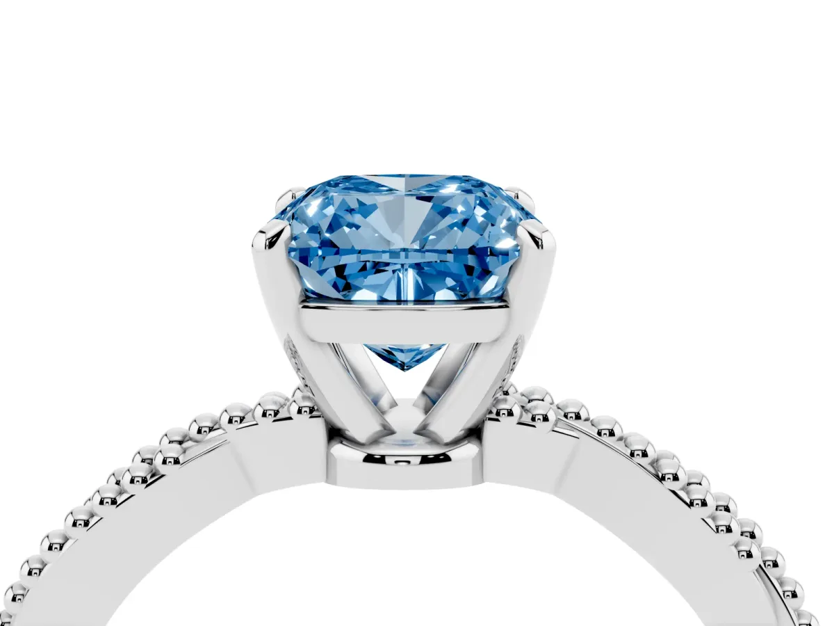 Fancy Blue Cushion Cut Solitaire Twisted Band with Bead Prong Setting Silver