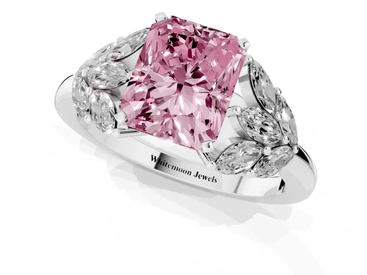 Fancy Pink Radiant Cut Diamond Cluster Leaf Design Ring with Prong Setting White gold
