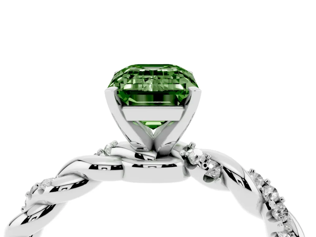 Fancy Green Emerald Cut Diamond Solitaire Ring with Twisted Band and Pavé Accents Silver