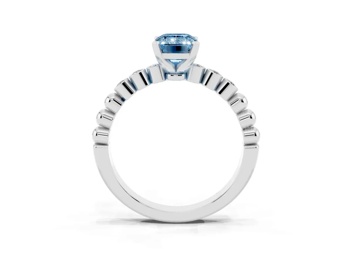 Fancy Blue Emerald Cut Solitaire Bezel Accent Diamond Engagement Ring with Beaded Band and Four-Prong Setting White gold