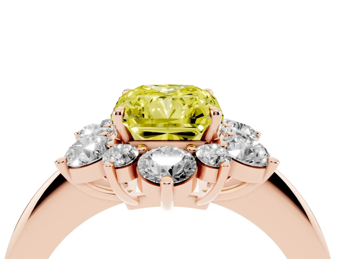 Fancy Yellow Radiant Cut Diamond Cluster Halo Ring with Solitaire Band and Four-Prong Setting Rose gold