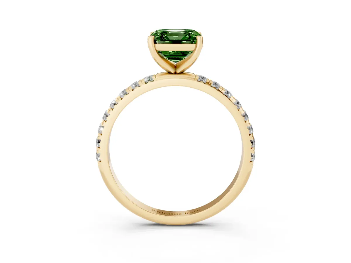 Fancy Green Asscher Cut Cut Diamond Solitaire Ring with Micro Pave Band and Four Prong Setting Yellow gold