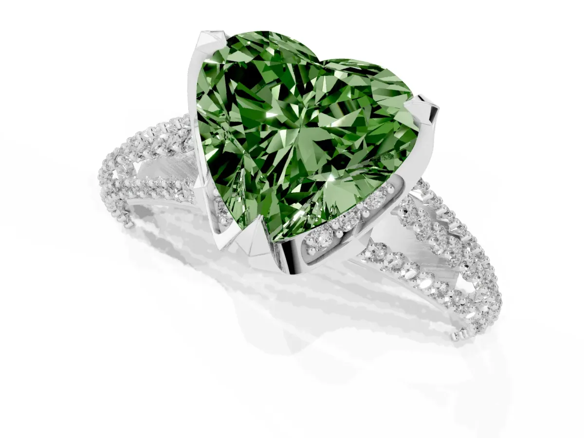 Fancy Green Heart Cut Solitaire Pave Split Shank Ring with Four-Prong Setting Silver