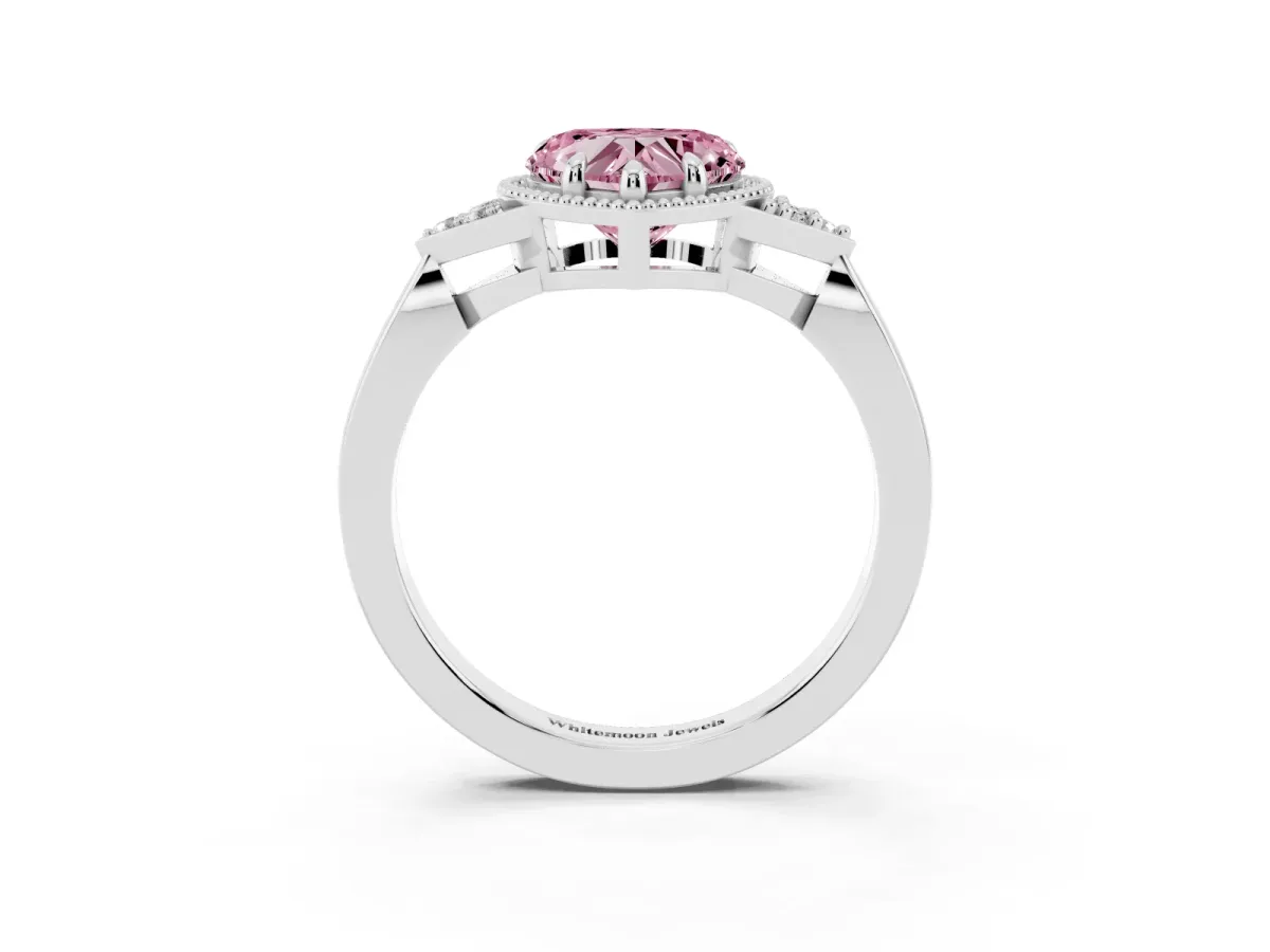 Fancy Pink Hexagonal Halo Heart Cut Diamond Solitaire with Pavé Band and Four-Prong Setting Silver