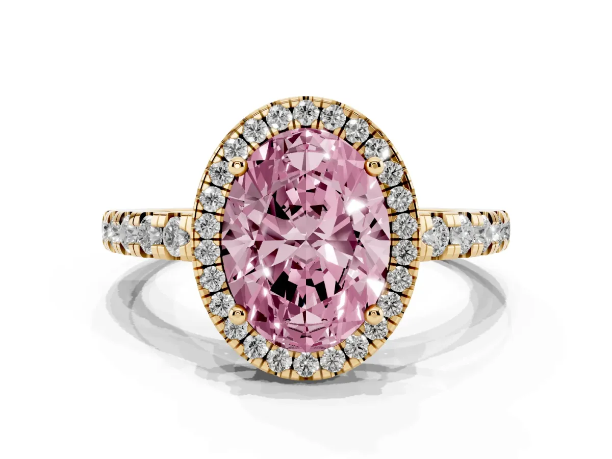 Fancy Pink Oval Cut Diamond Halo Ring with Pavé Band and Four-Prong Setting Yellow gold