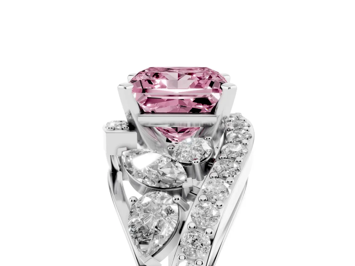 Fancy Pink Princess Cut Diamond Halo Ring with Marquise and Pavé Band in Prong Setting White gold