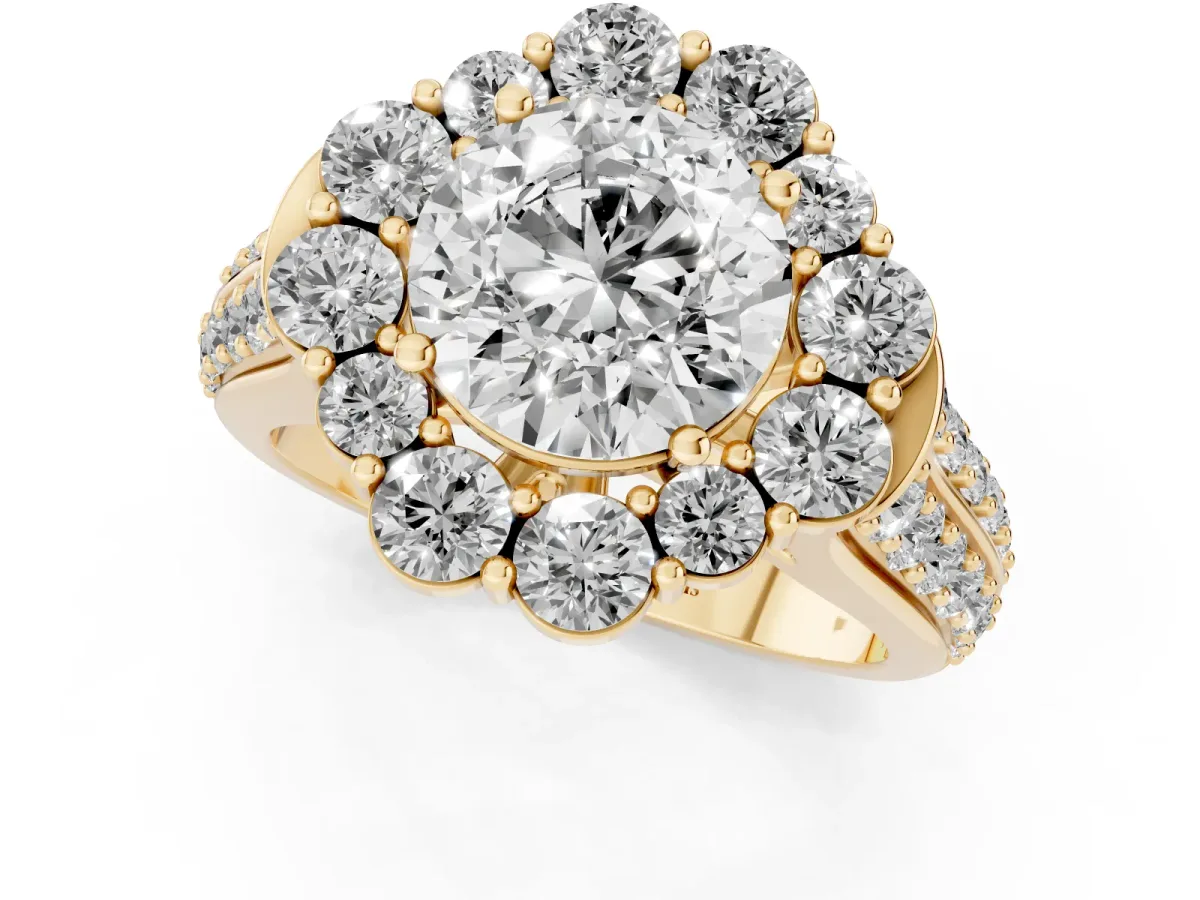 Round Cut Halo Diamond Engagement Ring with Split Shank and Prong Setting Yellow gold