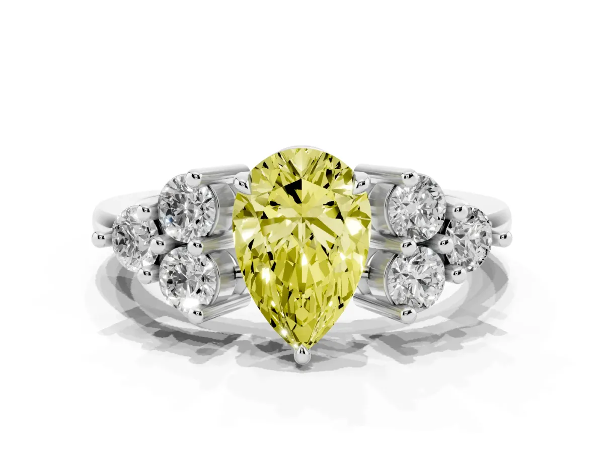 Fancy Yellow Pear Cut Brilliant Diamond Cluster Accent Solitaire Ring with Prong Setting Silver