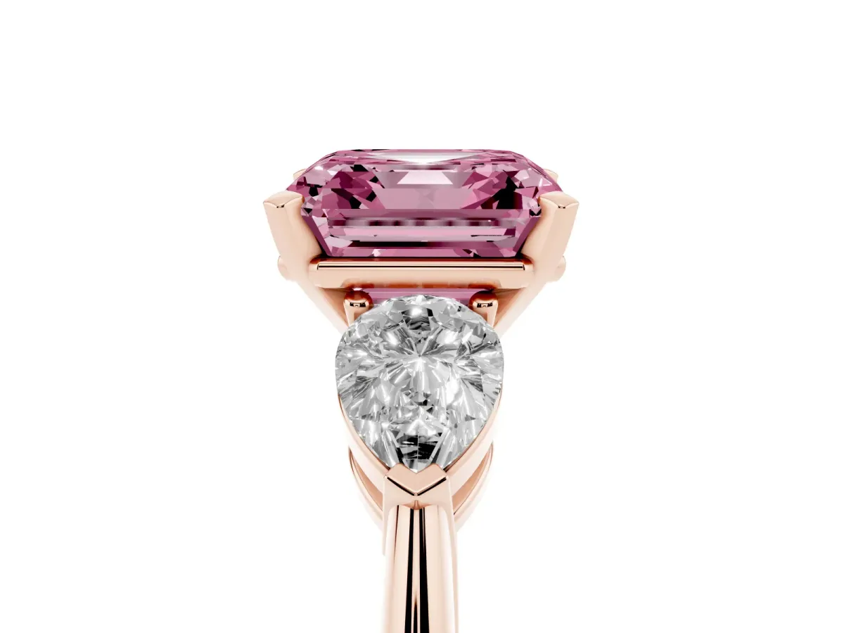 Fancy Pink Three-Stone Asscher Cut Diamond Ring with Pear Side Stones and Four-Prong Setting Rose gold