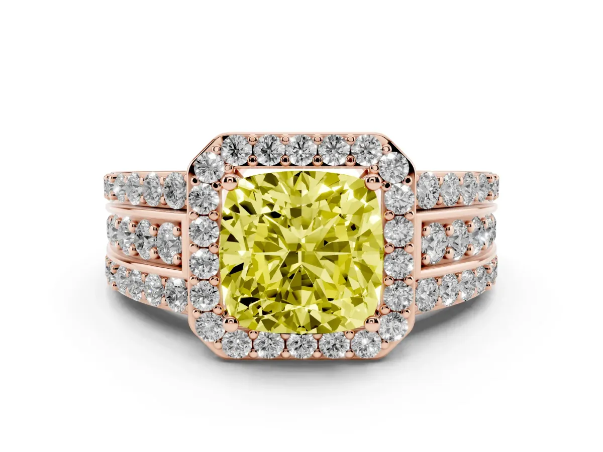 Fancy Yellow Cushion Cut Halo Diamond Ring with Round Split Shank and Prong Setting Rose gold