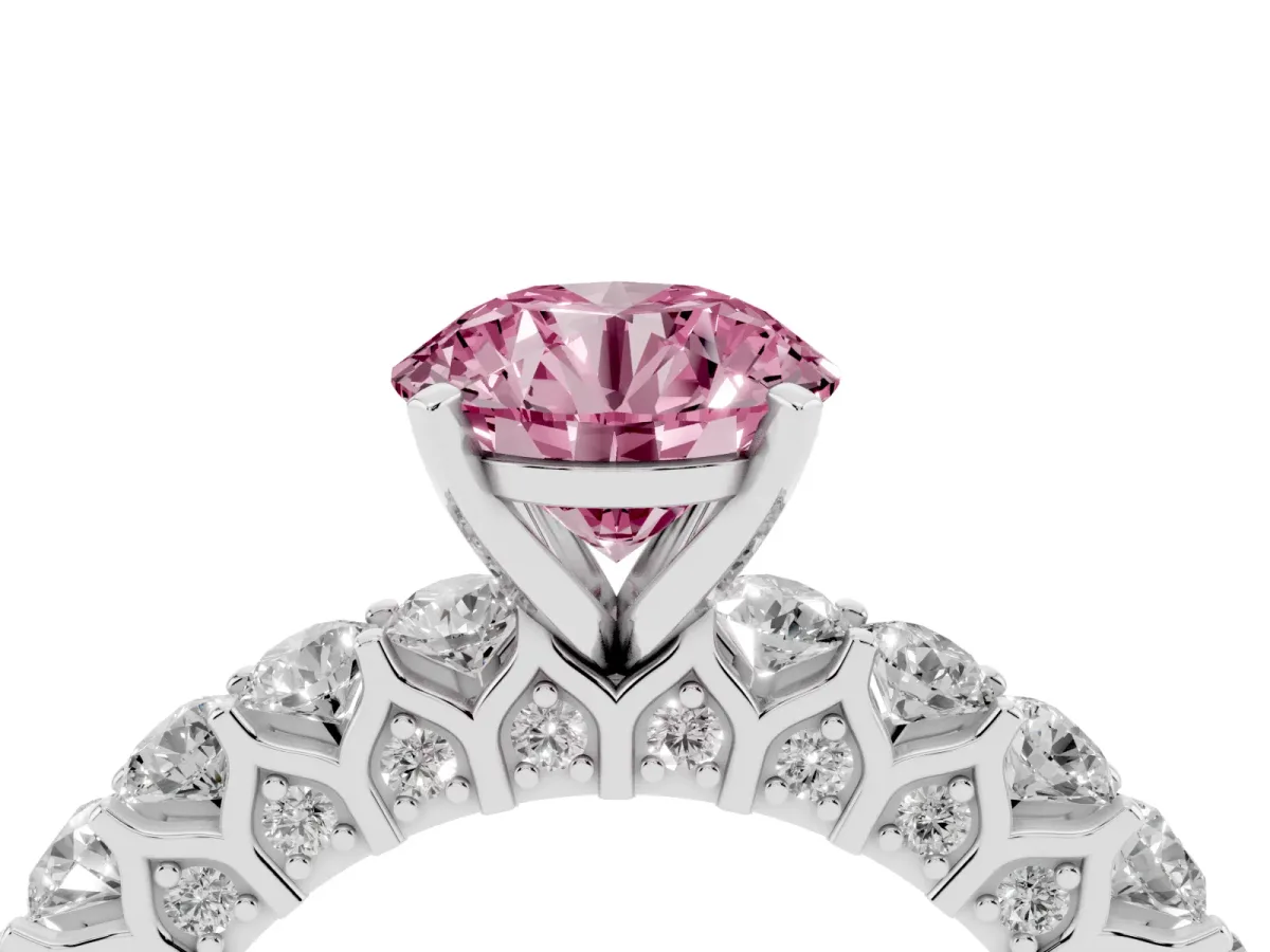 Fancy Pink Round Cut Diamond Solitaire Ring with Shared Prong Pavé Band and Four-Prong Setting Silver