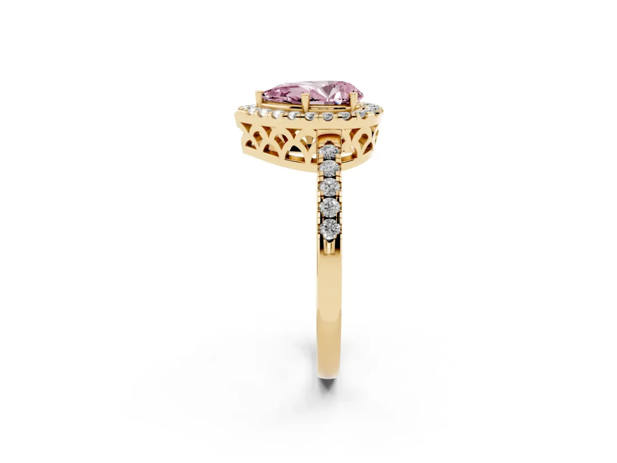 Fancy Pink Pear Cut Halo Diamond Engagement Ring with Pavé Band and Four-Prong Setting Yellow gold