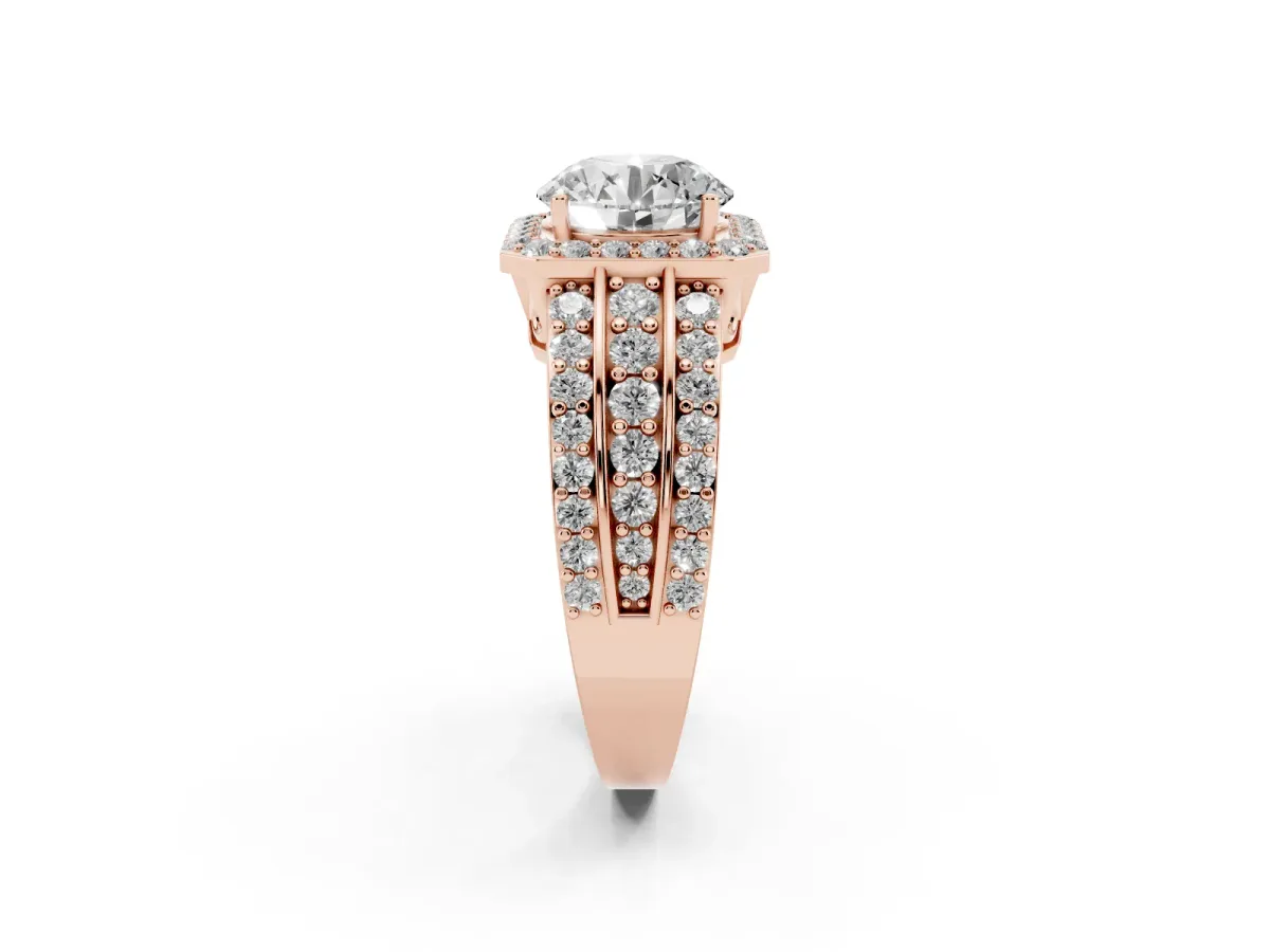Round Cut Halo Diamond Ring with Round Split Shank and Prong Setting Rose gold