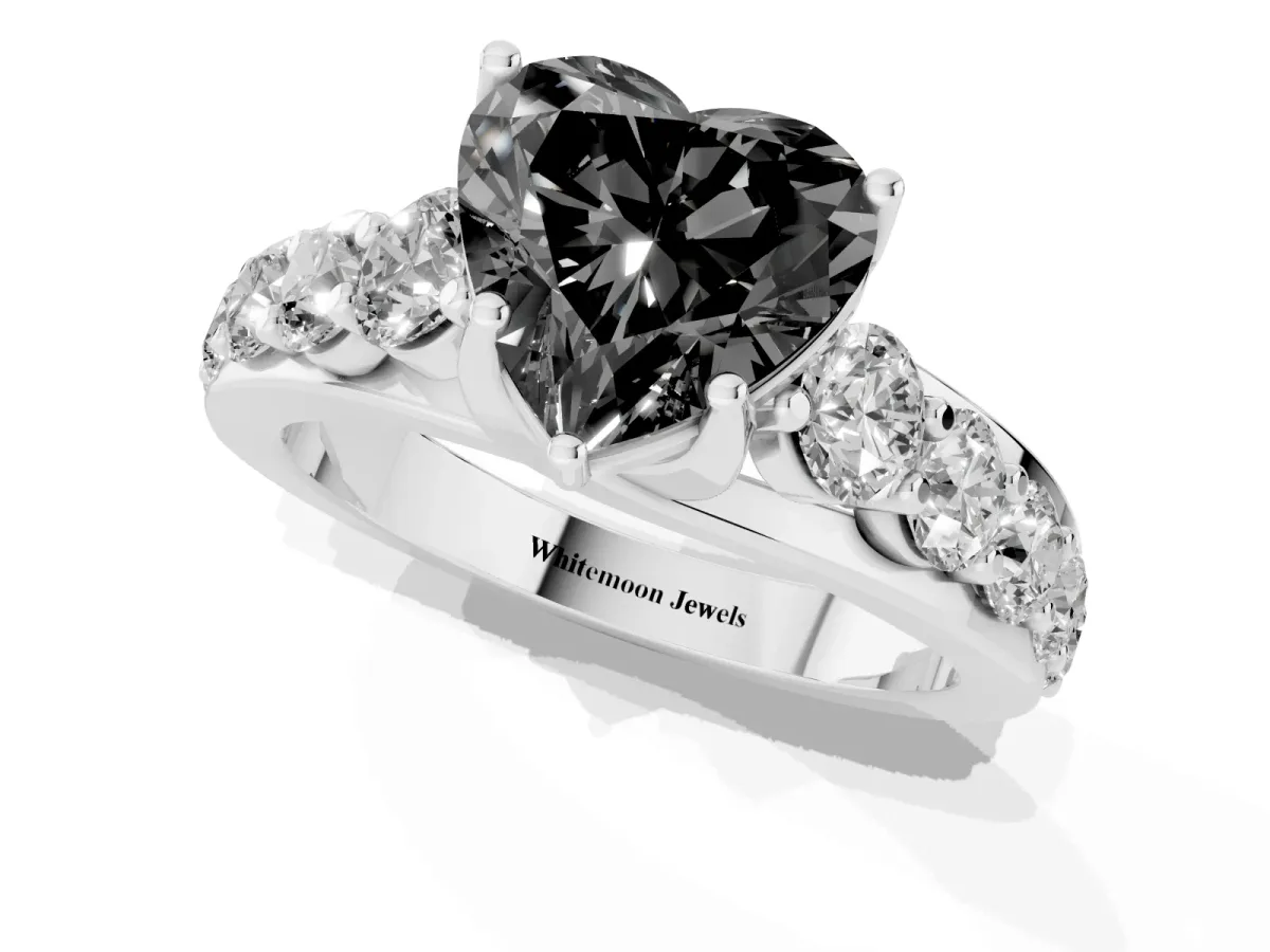 Fancy Black Heart Cut Diamond Engagement Ring with Pavé Band and Four-Prong Setting Platinum