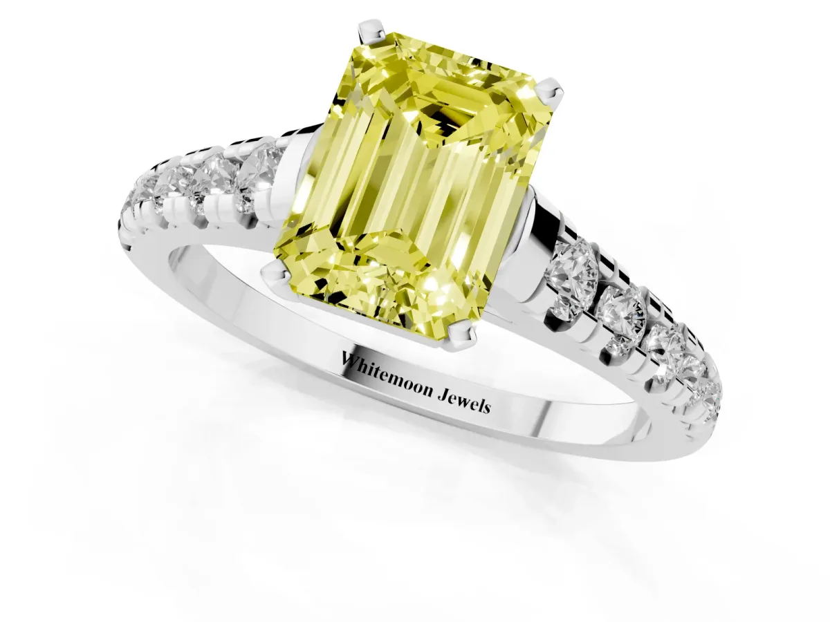 Fancy Yellow Emerald Cut Diamond Cathedral Solitaire Ring with Round Pavé Band Silver