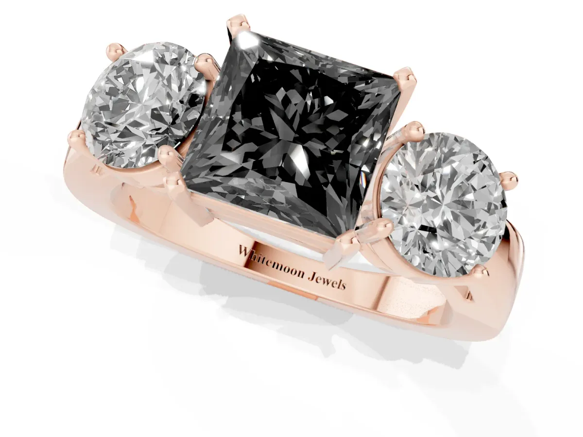 Fancy Black Three-Stone Princess Cut Diamond Ring with Round Side Stones, Classic Band, and Four-Prong Setting Rose gold