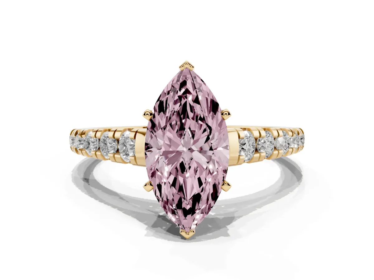 Fancy Pink Marquise Cut Diamond Cathedral Solitaire Ring with Round Pavé Band Yellow gold