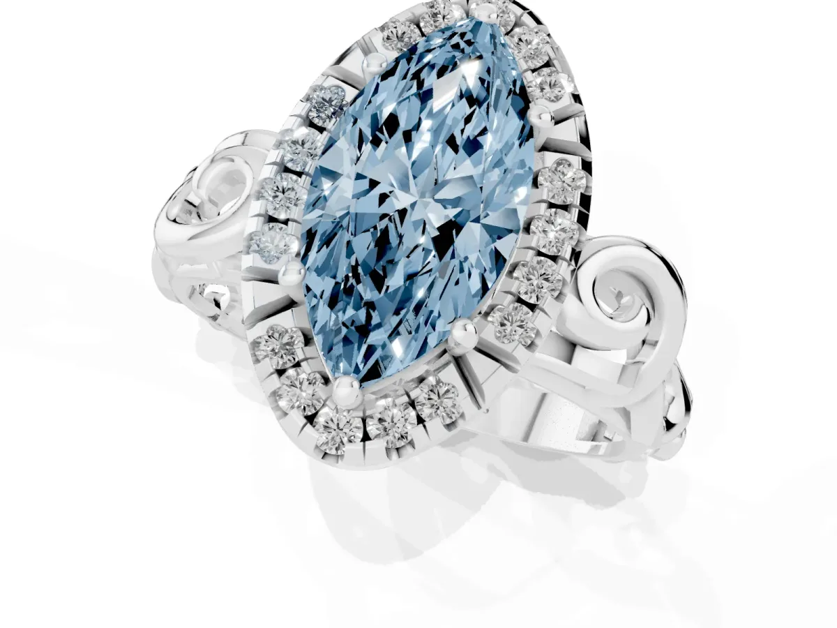 Fancy Blue Marquise Cut Cut Halo Diamond Ring with Scrollwork Band and Four-Prong Setting Silver
