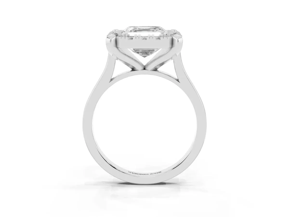 Asscher Cut Diamond Cluster Halo Solitaire with Four-Prong Setting White gold