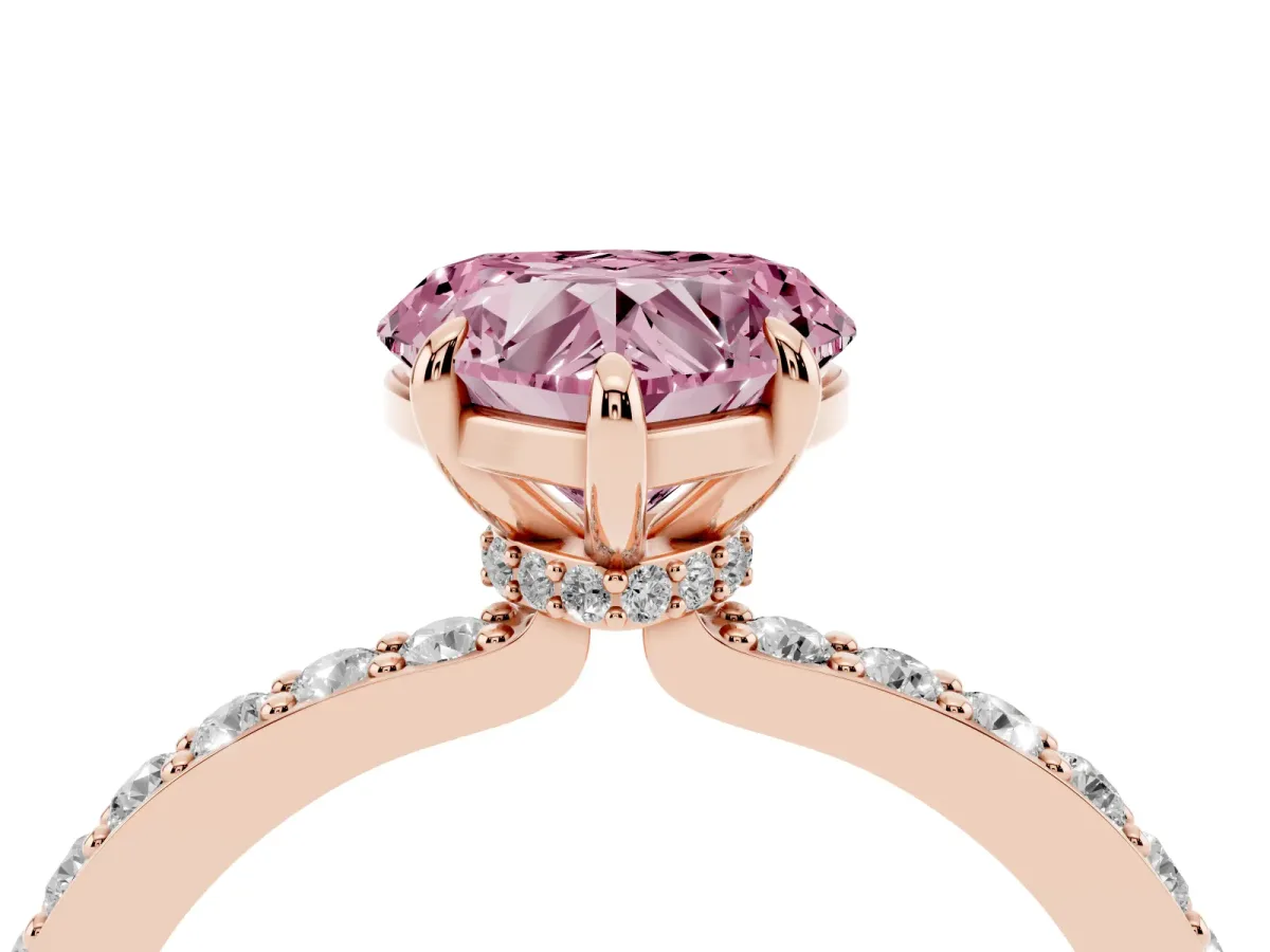 Fancy Pink Heart Cut Diamond Pavé Engagement Ring with Round Accents and Prong Setting Rose gold