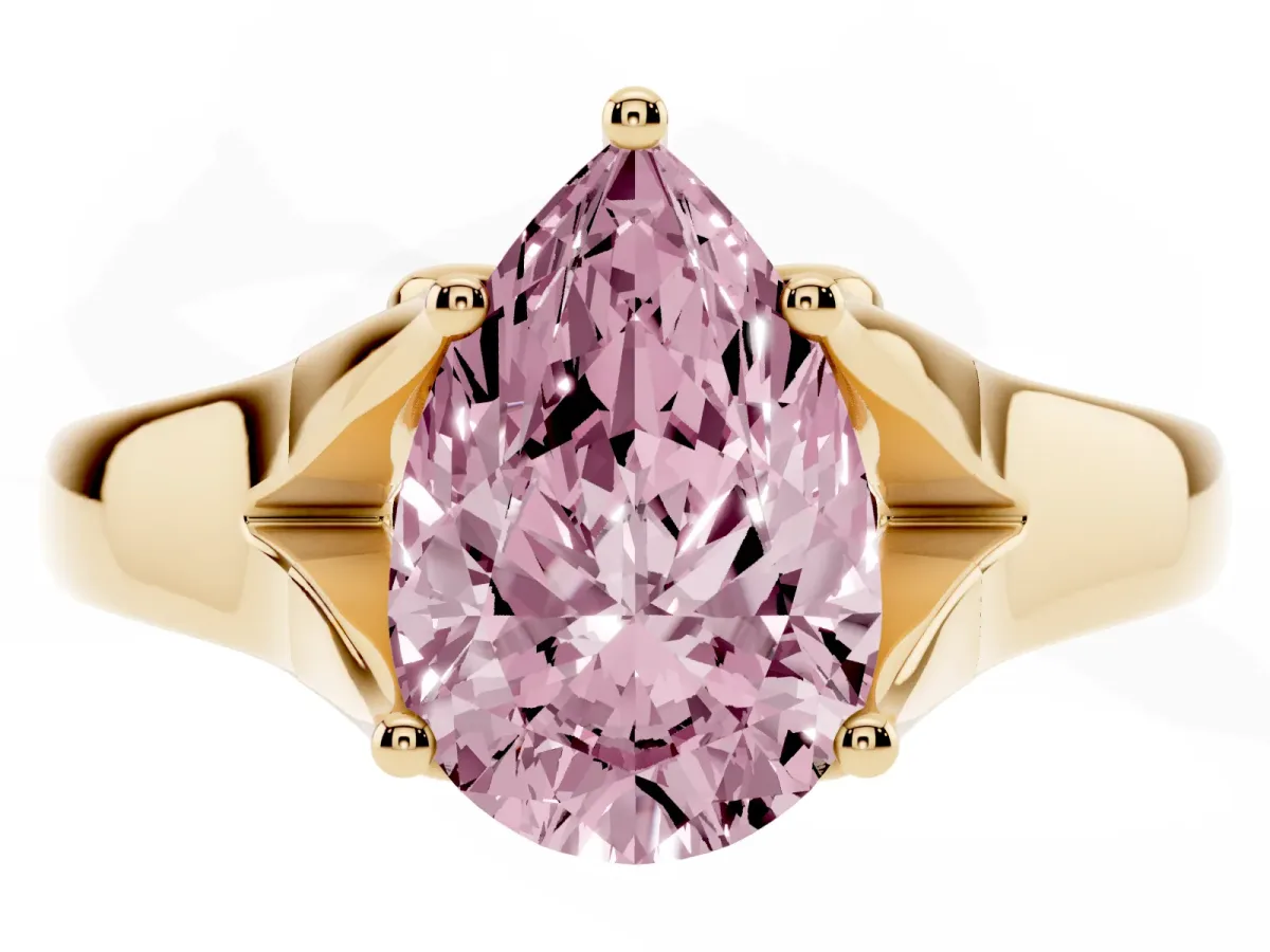 Fancy Pink Pear Cut Solitaire Diamond Ring with Cathedral Band and Four-Prong Setting Yellow gold