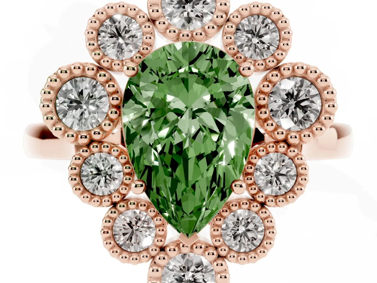 Fancy Green Pear Cut Halo Diamond Cluster Engagement Ring with Milgrain Bezel Setting and Solitaire Band Rose gold