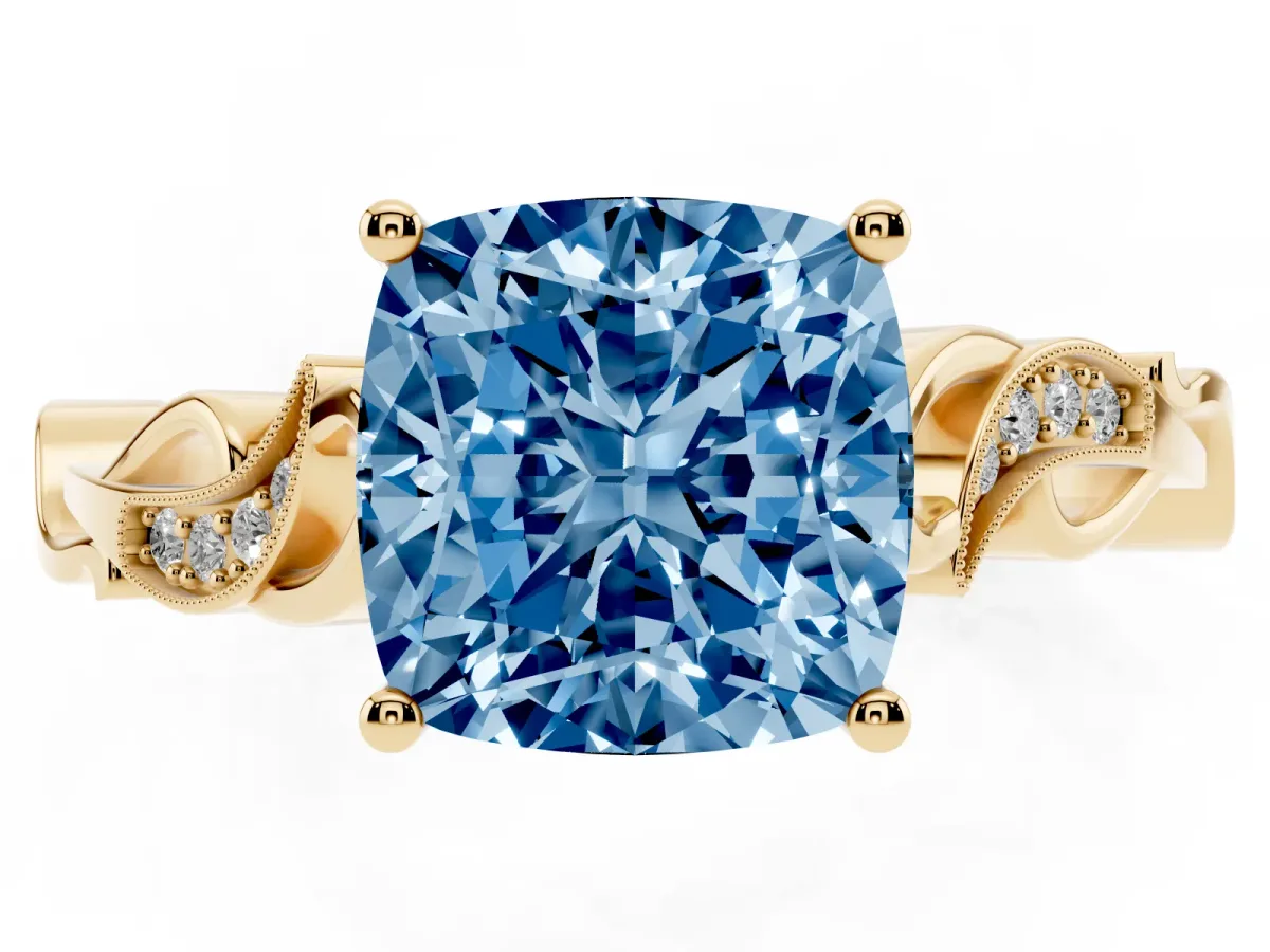 Fancy Blue Cushion Cut Solitaire Vine Band with Milgrain Prong Setting Yellow gold