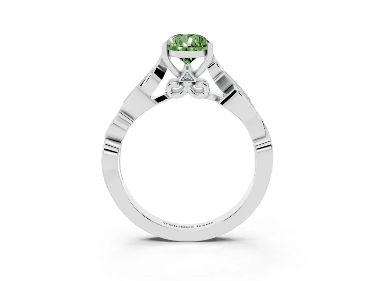 Fancy Green Pear Cut Solitaire Vine Band with Milgrain Prong Setting Silver