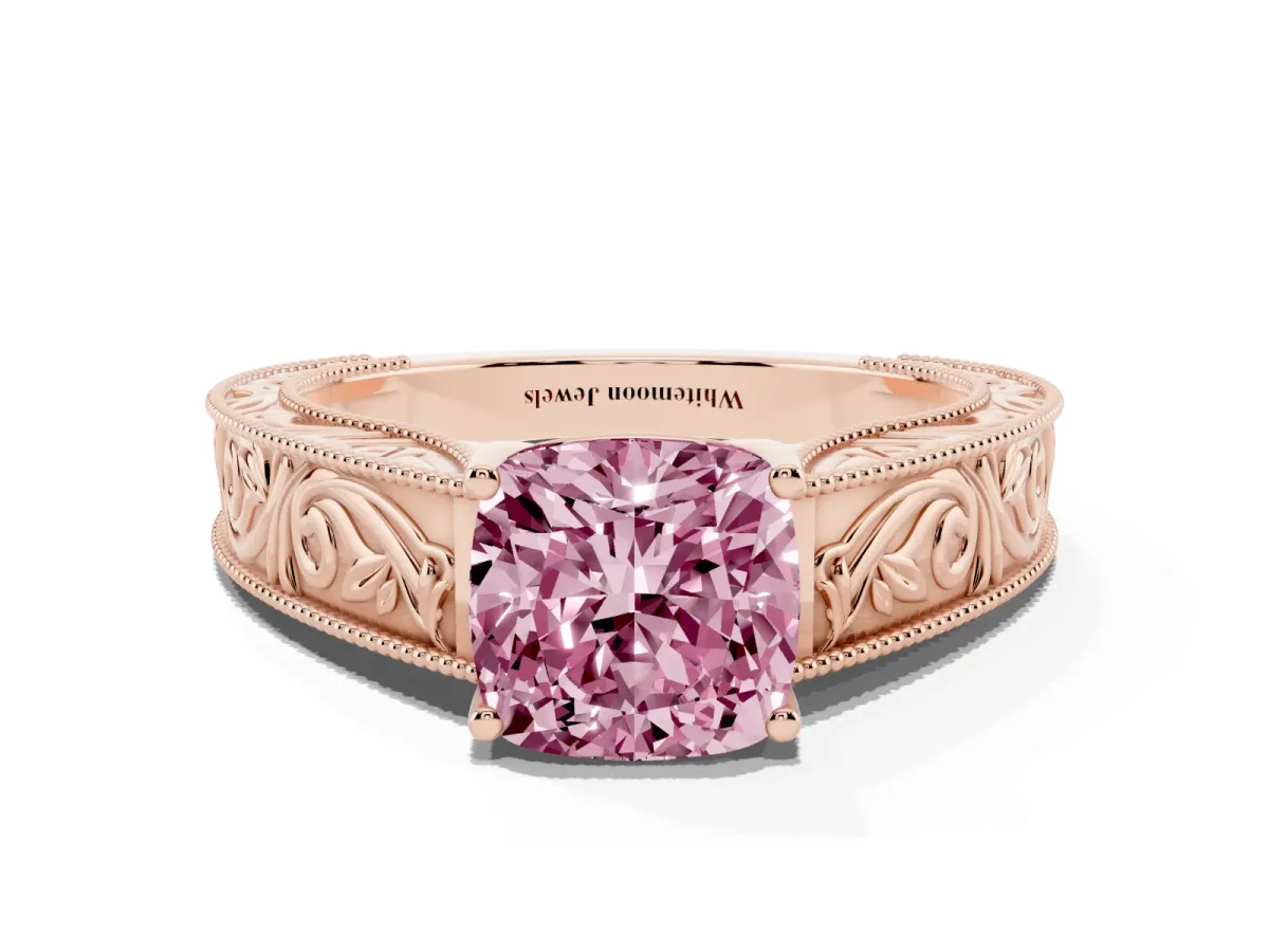 Fancy Pink Cushion Cut Diamond Solitaire Ring with Engraved Band and Four-Prong Setting Rose gold