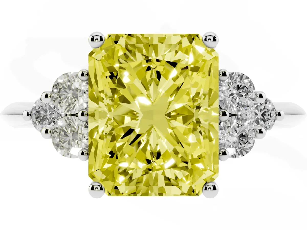 Fancy Yellow Radiant Cut Cut Diamond Cluster Ring with Solitaire Band and Four-Prong Setting Silver
