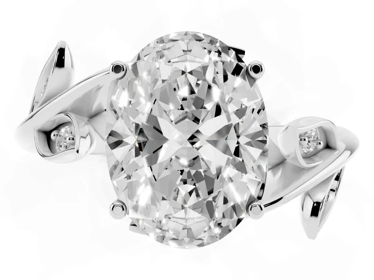 Oval Cut Solitaire Twist Engagement Ring with Leaf Accents and Prong Setting Silver