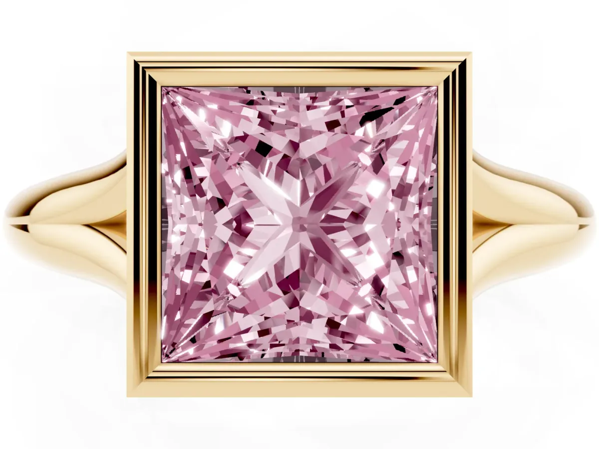 Fancy Pink Bezel Set Princess Cut Solitaire Diamond Ring with Smooth Band Yellow gold