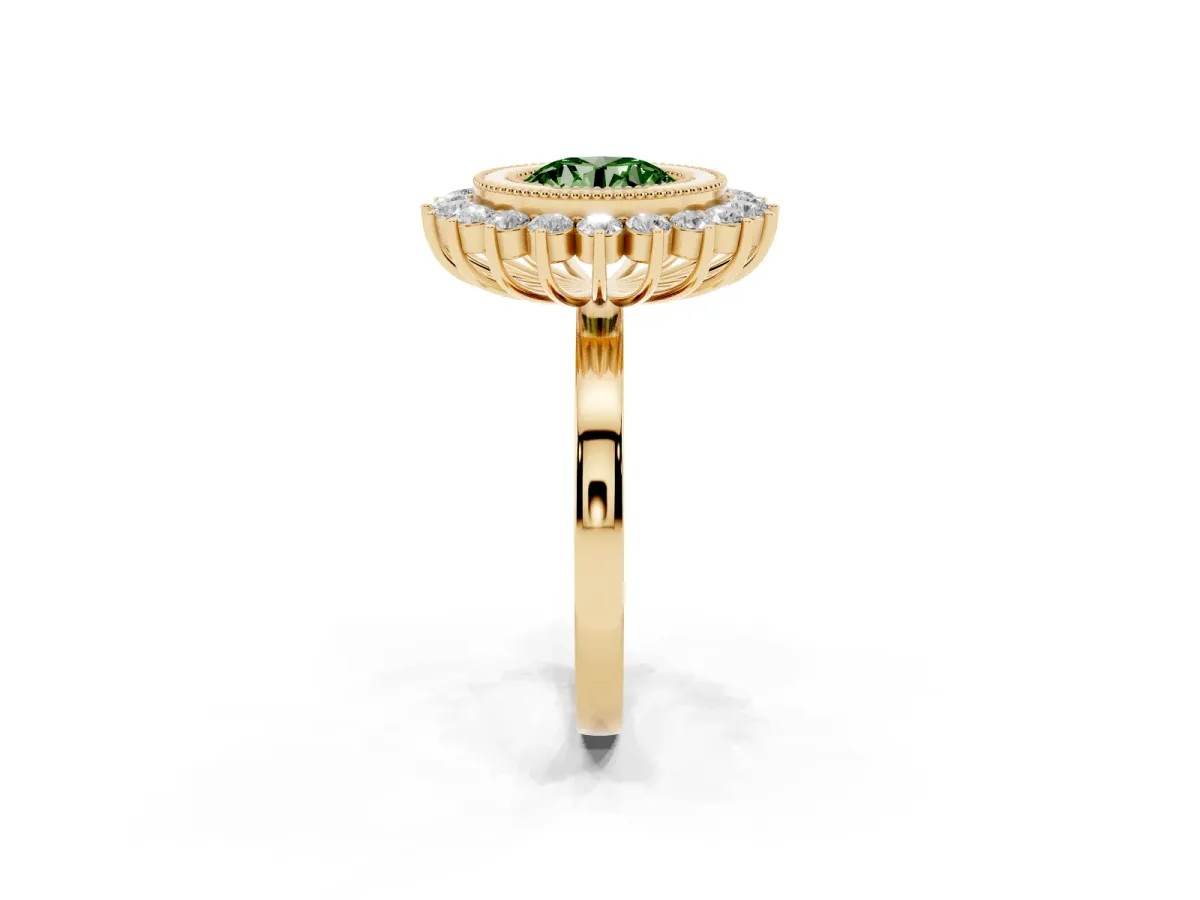 Fancy Green Round Cut Halo Diamond Ring with Milgrain Edge and Round Prong Setting Yellow gold