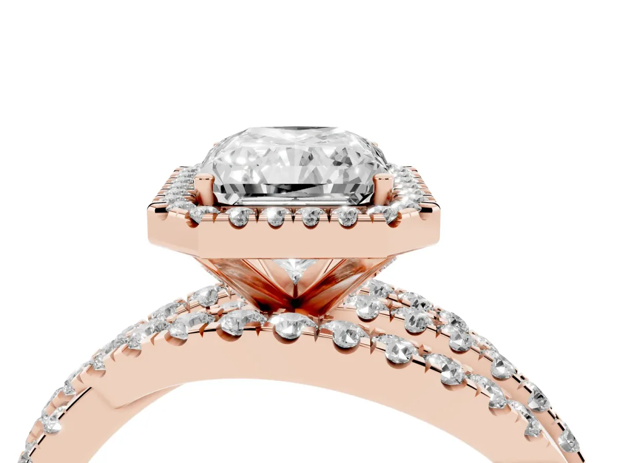 Radiant Cut Diamond Halo Ring with Round Split Shank and Prong Setting Rose gold