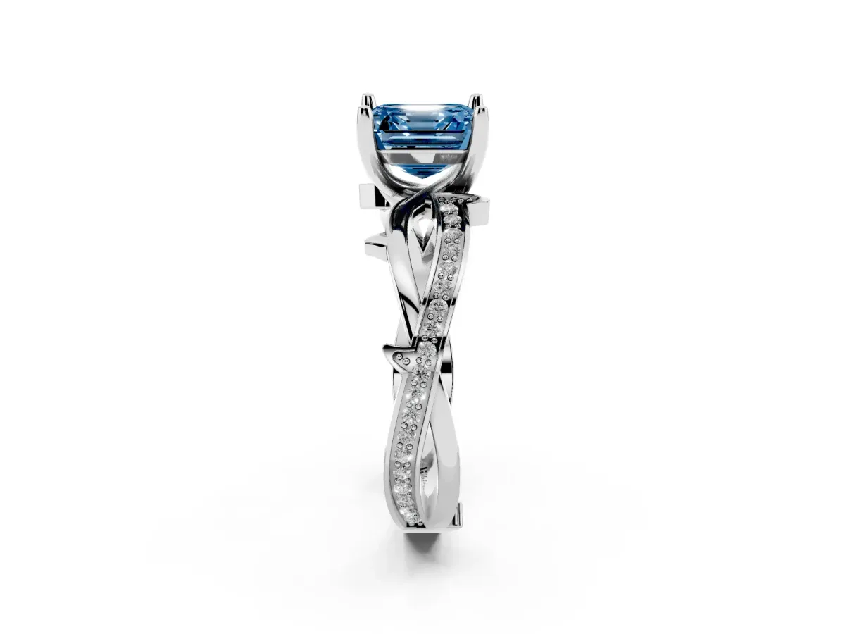 Fancy Blue Asscher Cut Solitaire Twist Band with Pavé Accents and Four-Prong Setting White gold