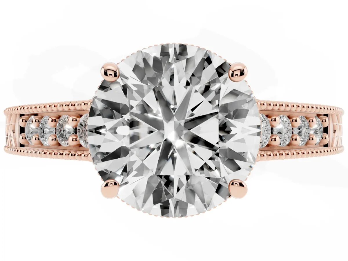 Round Cut Solitaire Pavé Diamond Milgrain Engagement Ring with Four-Prong Setting Rose gold