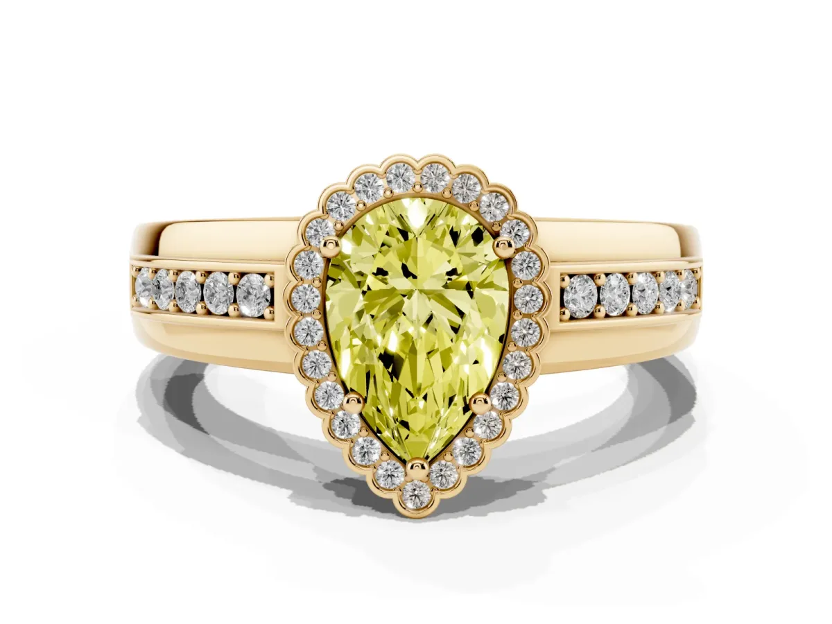 Fancy Yellow Pear Cut Cut Halo Pave Band Four-Prong Ring Yellow gold