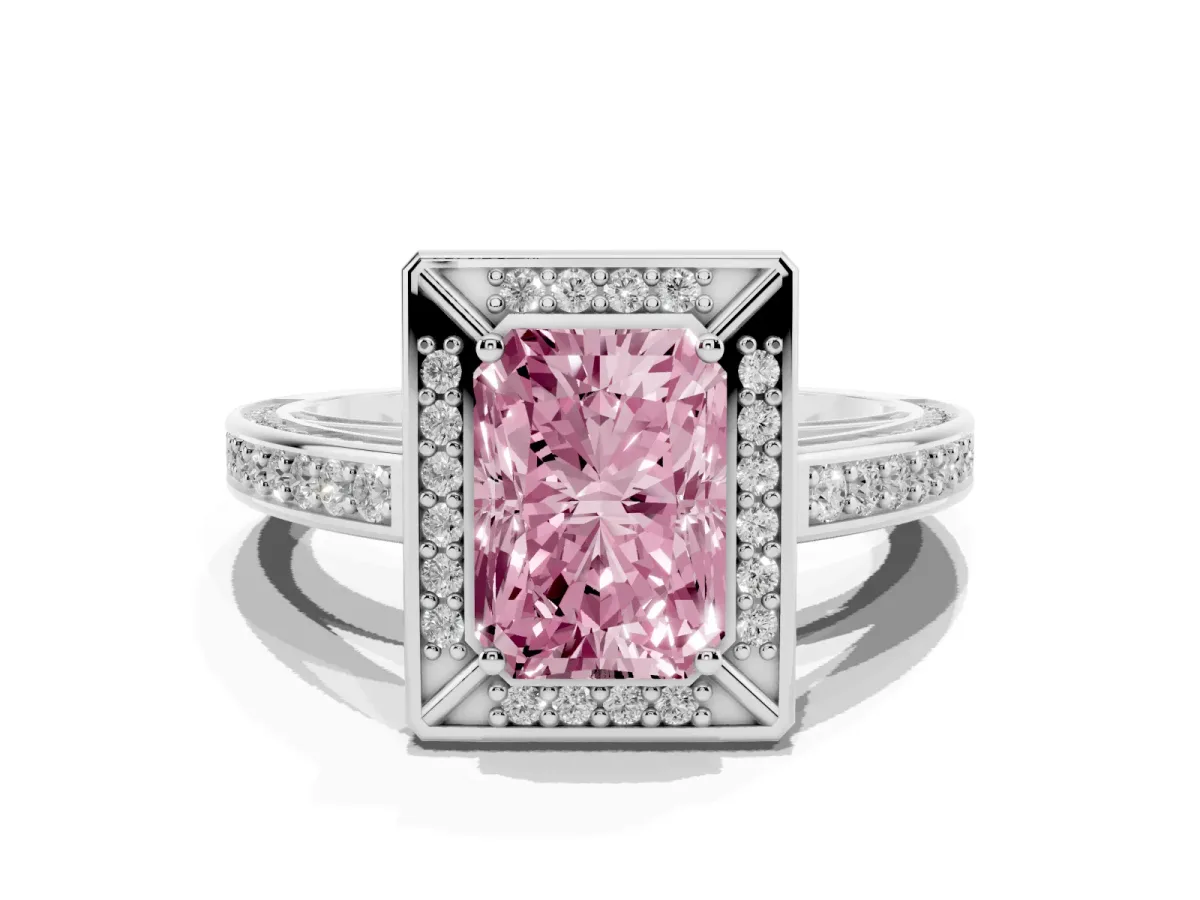 Fancy Pink Radiant Cut Cut Halo Pave Split Shank Prong Setting Ring Silver