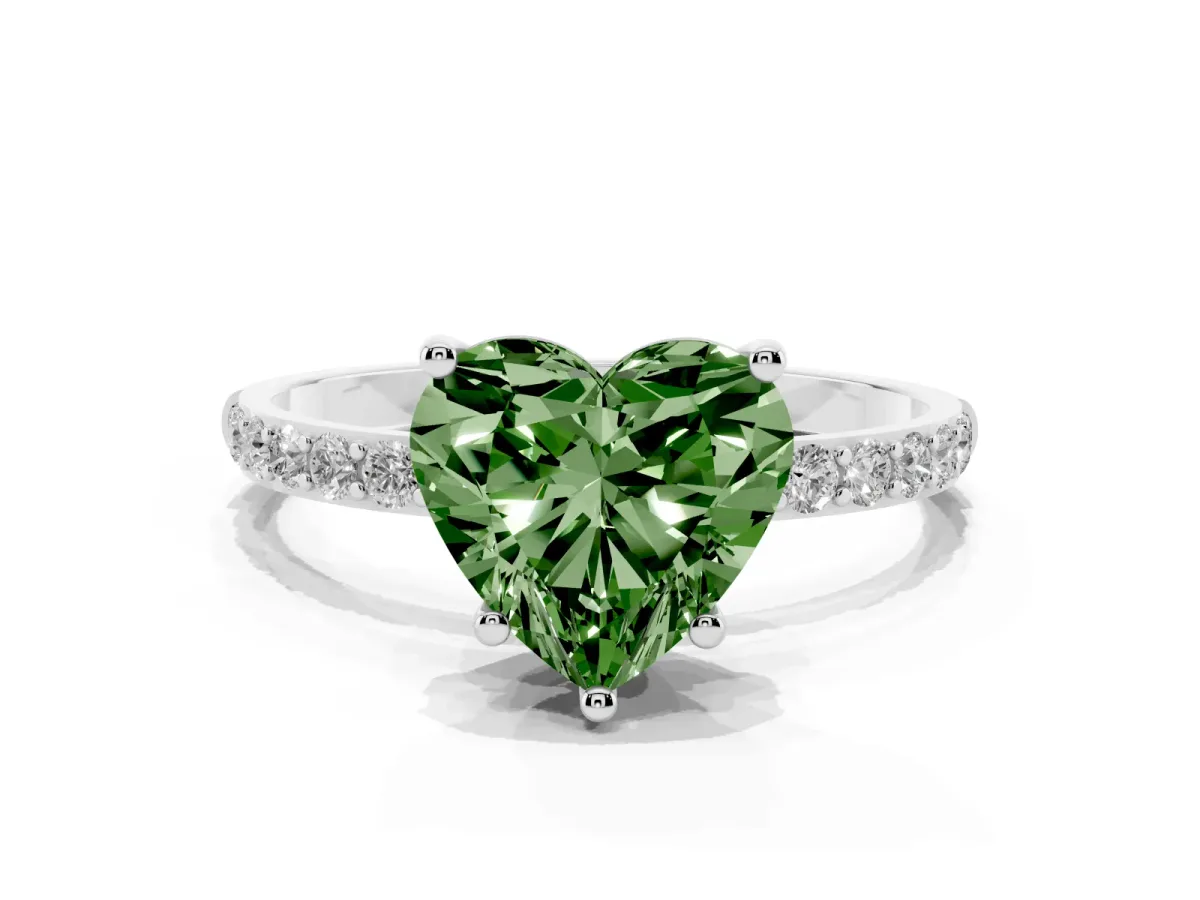 Fancy Green Heart Cut Diamond Solitaire Ring with Round Pavé Shoulders and Prong Setting Silver