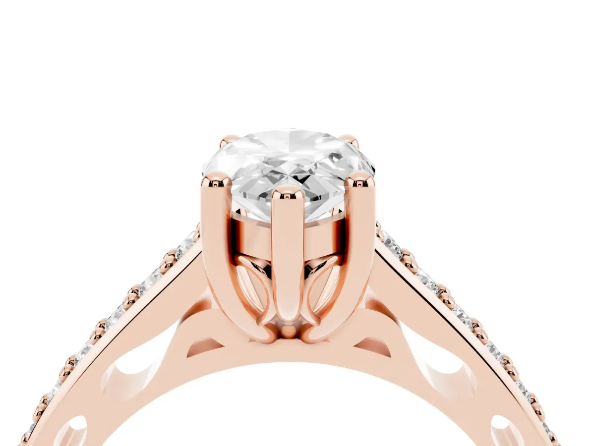 Marquise Cut Solitaire Prong Set Diamond Engagement Ring with Pave Band Rose gold