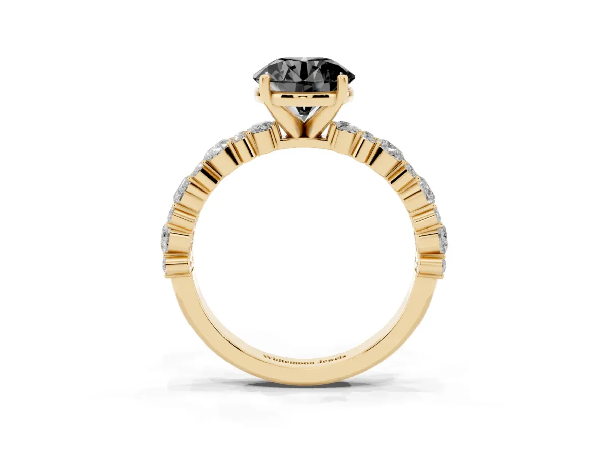 Fancy Black Round Cut Diamond Side Stone Solitaire Ring with Round and Four-Prong Setting Yellow gold