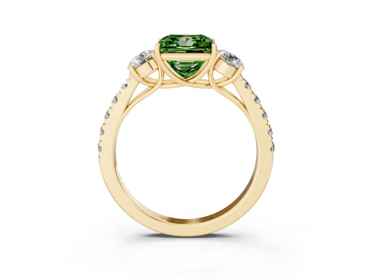 Fancy Green Princess Cut Cut Diamond Three-Stone Ring with Round Side Stones and Pavé Band Yellow gold