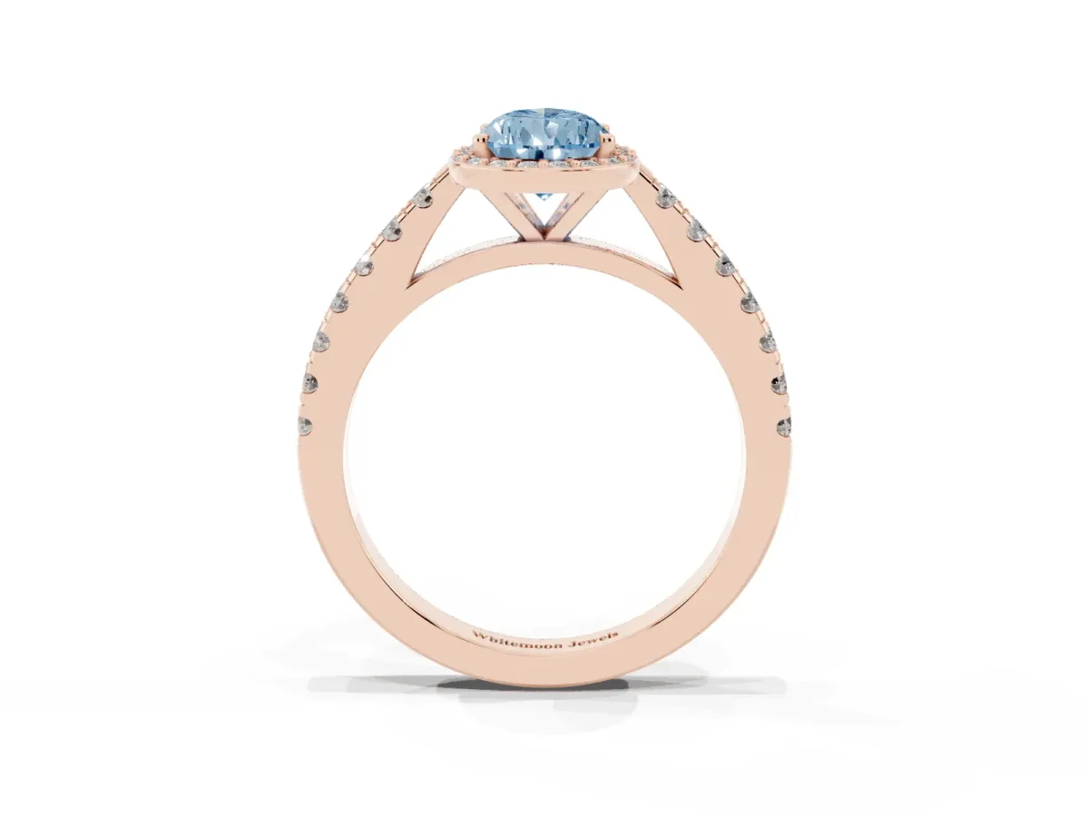 Fancy Blue Pear Cut Cut Halo Diamond Engagement Ring with Pave Band and Four-Prong Setting Rose gold