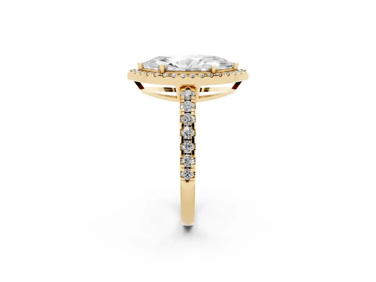 Marquise Cut Diamond Halo Ring with Pavé Band and Four-Prong Setting Yellow gold